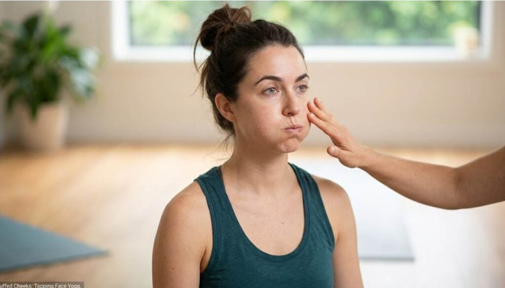 A woman with her hair in a bun wearing a dark green tank top sits while performing a face yoga exercise. She has her cheeks puffed out, and a hand is shown gently tapping the side of her face. The image is captioned "Puffed Cheeks: Tapping Face Yoga."
