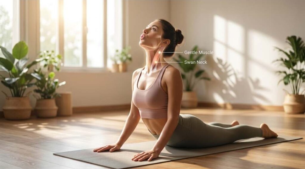 Woman practicing Bhujangasana (Cobra Pose) yoga on a mat in a bright indoor studio, stretching her neck and chest with labels showing gentle muscle activation and swan neck posture.