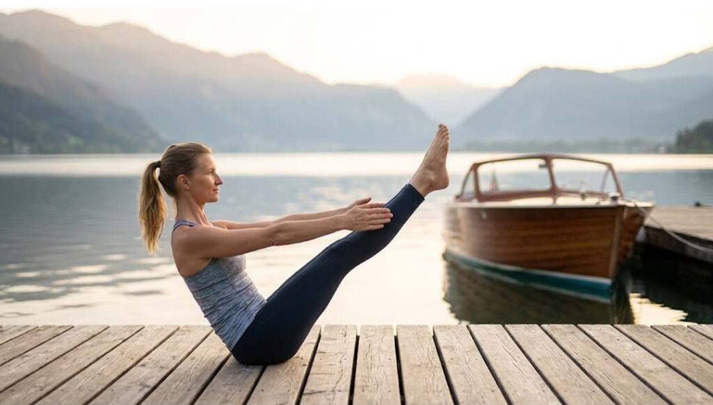 Woman performing a boat yoga pose (Navasana) on a wooden dock beside a calm lake with mountains and a boat in the background during sunrise.