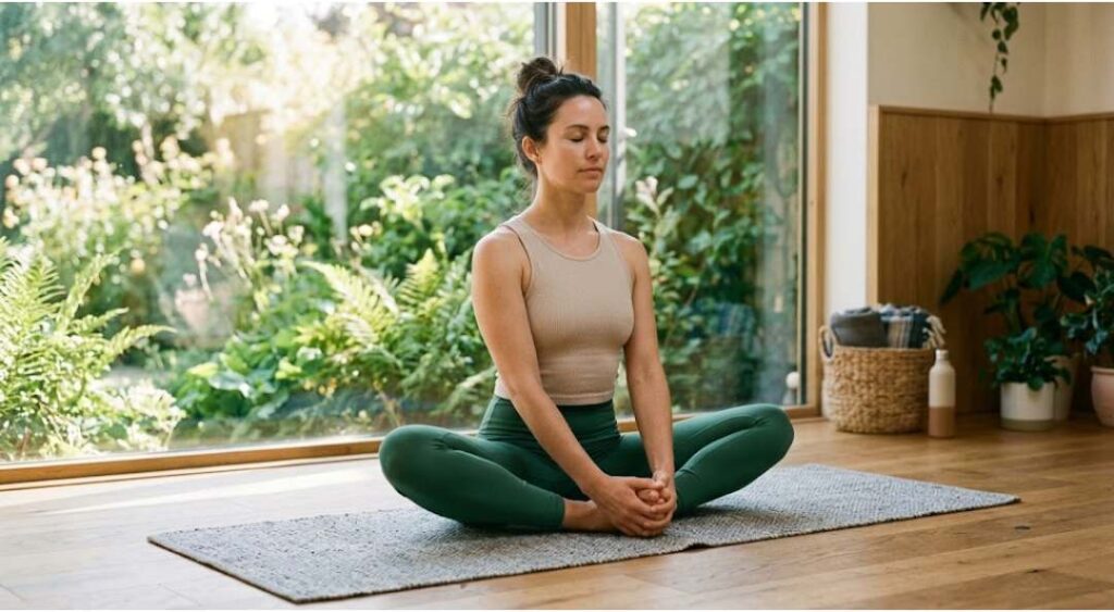 Woman practicing Butterfly Yoga Pose (Baddha Konasana) indoors on a yoga mat to relax the body and improve sleep