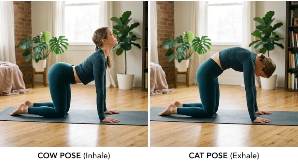 Woman demonstrating Cat-Cow yoga stretch with cow pose (inhale) and cat pose (exhale) for lower back flexibility indoors