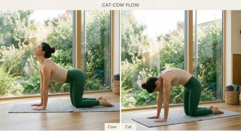 Woman demonstrating Cat-Cow yoga flow on a yoga mat showing Cow Pose and Cat Pose to stretch the spine and relax the body