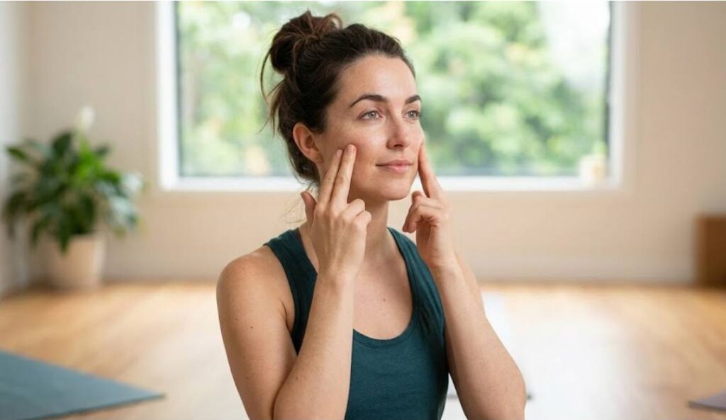 A woman sitting in a bright yoga studio gently pressing her index fingers on her cheeks while performing a face yoga cheek massage exercise to stimulate facial muscles and improve circulation. 