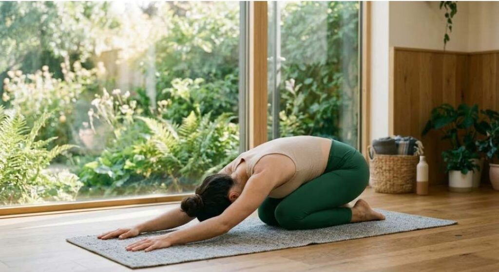Woman practicing Child’s Pose (Balasana) on a yoga mat indoors to relax the body and promote better sleep