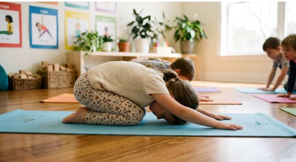 Woman performing Child’s Pose yoga stretch on a mat in a calm indoor space with others practicing in the background