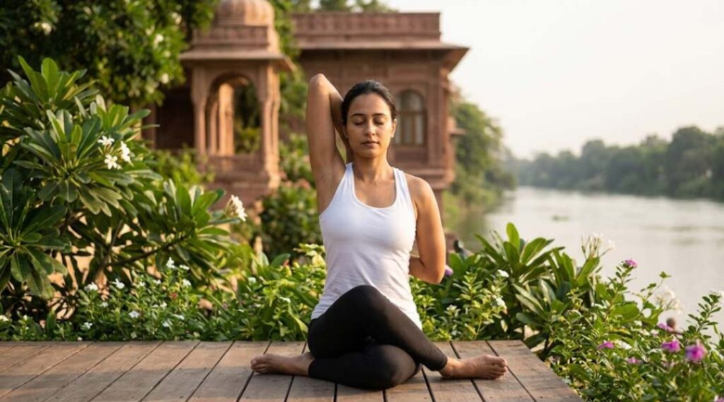 Woman practicing Cow Face Yoga Pose (Gomukhasana) while sitting cross-legged on a wooden platform near a river with greenery and traditional architecture in the background.
