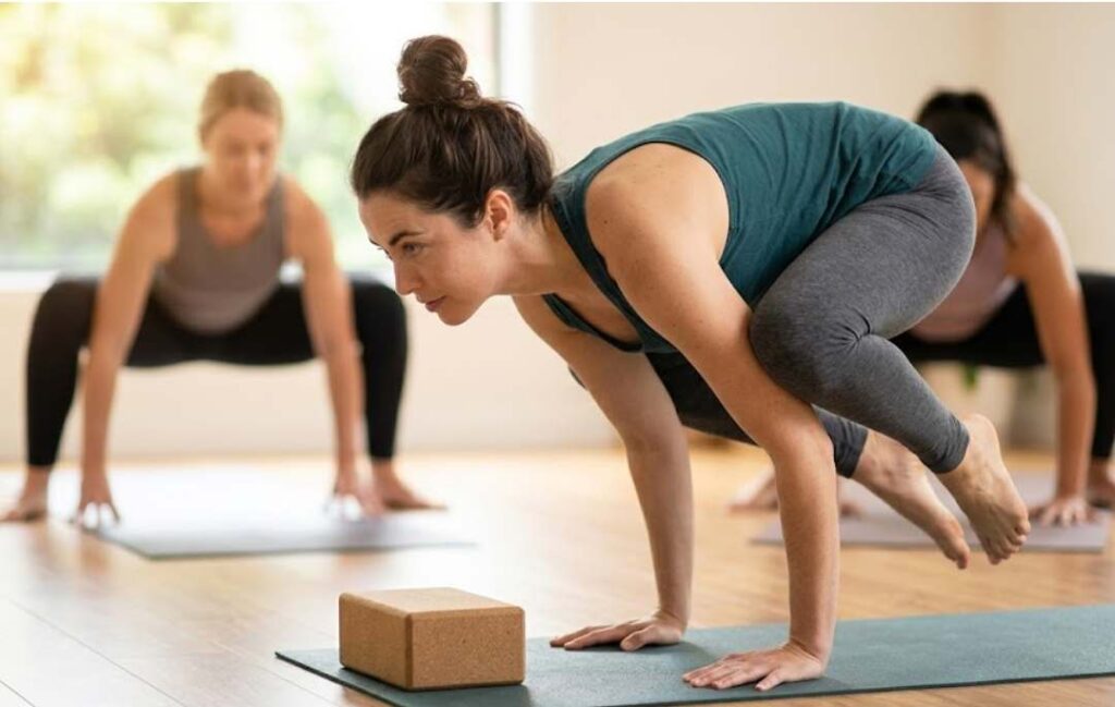 A woman practicing the Crow yoga pose (Bakasana) on a yoga mat in a bright studio, balancing on her hands with knees resting on her arms while two other participants practice yoga in the background. 