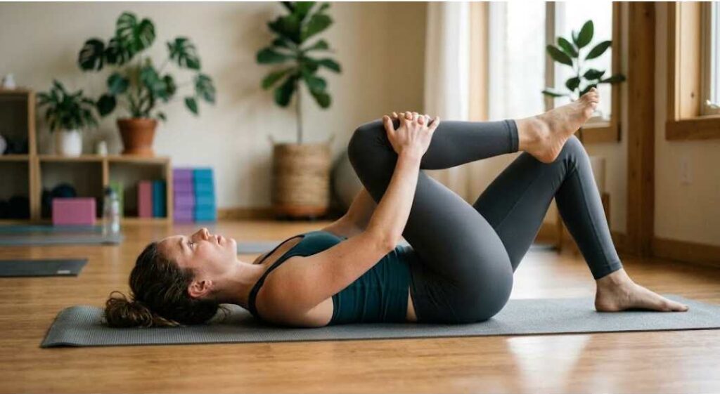 Woman performing a figure-four stretch on a yoga mat in a bright indoor space with plants, focusing on hip and glute flexibility.