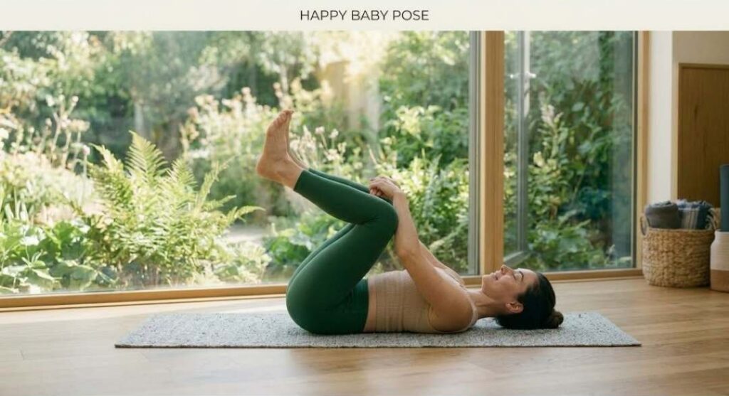 Woman practicing Happy Baby Pose yoga exercise on a mat indoors with natural light and garden view.