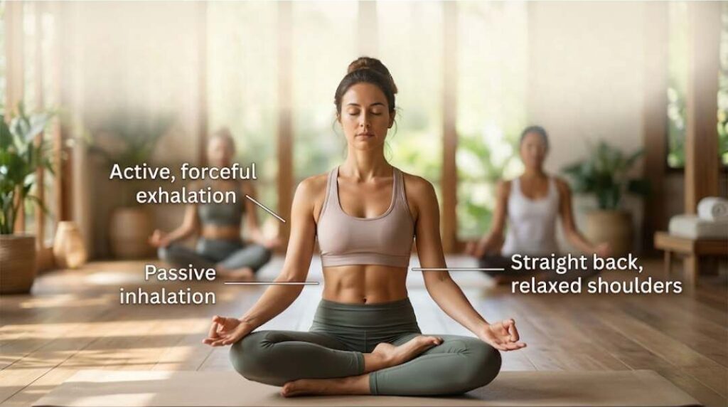 Woman practicing Kapalbhati pranayama breathing technique in a seated lotus yoga pose inside a peaceful yoga studio with instructions showing active exhalation and passive inhalation.