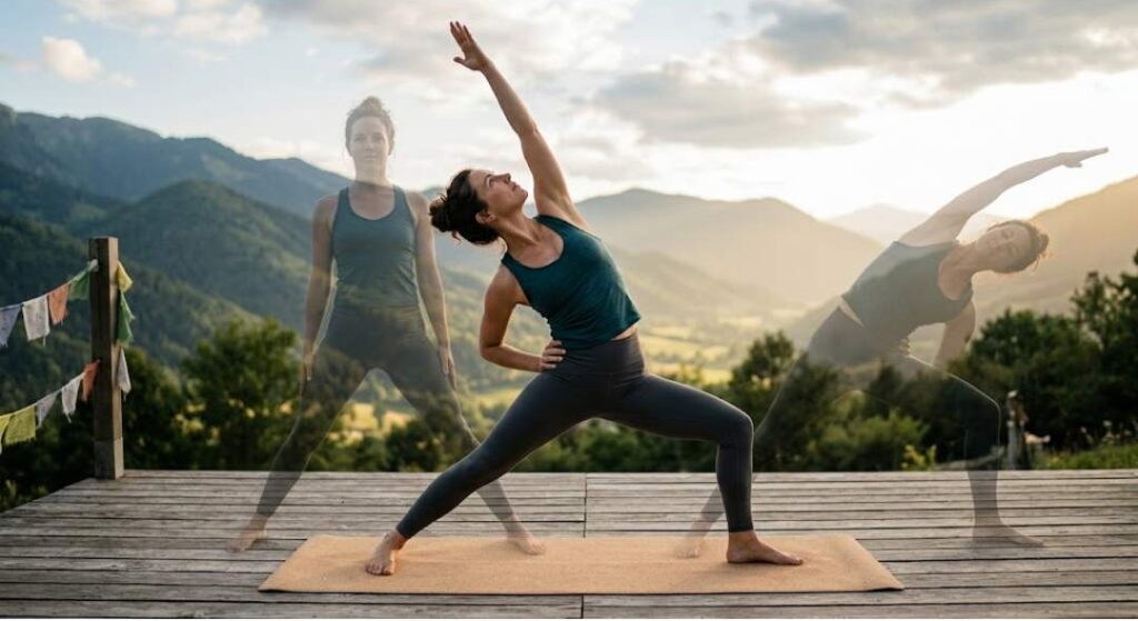 Woman practicing Konasana side angle yoga pose on a yoga mat outdoors with mountain scenery