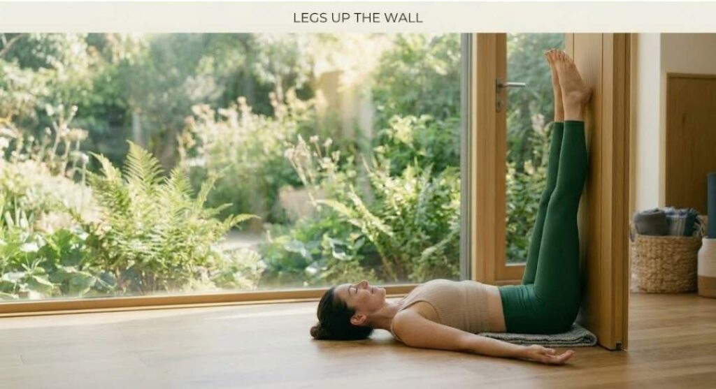 Woman practicing Legs Up the Wall yoga pose (Viparita Karani) on a mat indoors near a window with natural garden view.
