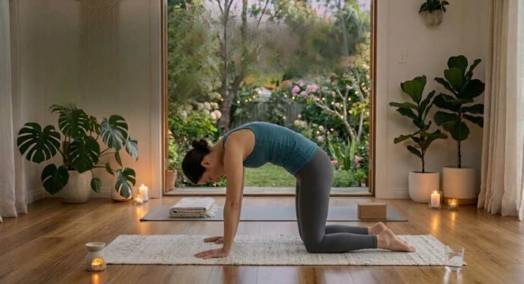 Woman practicing Marjaryasana (Cat Pose) yoga on a mat indoors with candles and indoor plants, stretching her back while facing a peaceful garden view through open doors.