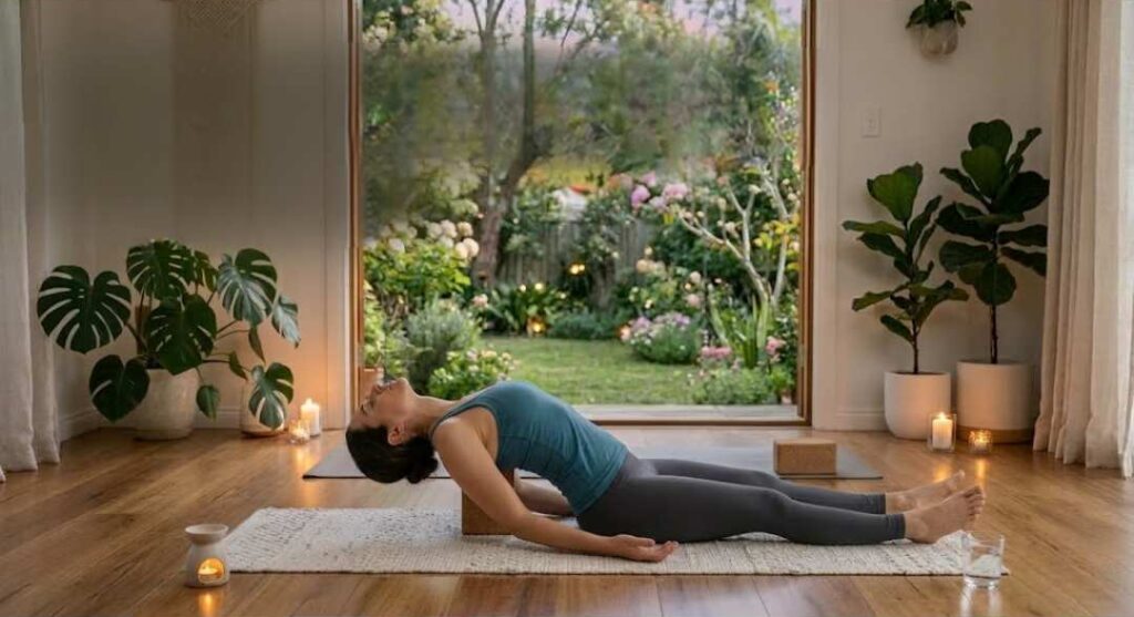Woman practicing Matsyasana (Fish Pose) yoga on a mat indoors with candles and plants, stretching her chest while facing a peaceful garden view through open doors.