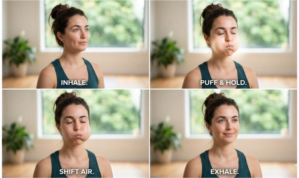 Four-step face yoga breathing exercise: a woman demonstrates inhaling, puffing and holding air in her cheeks, shifting the air from side to side, and then exhaling to relax and strengthen facial muscles. 