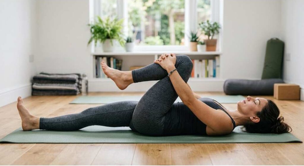 Woman performing a knee-to-chest yoga stretch on a mat to relieve lower back pain in a home setting