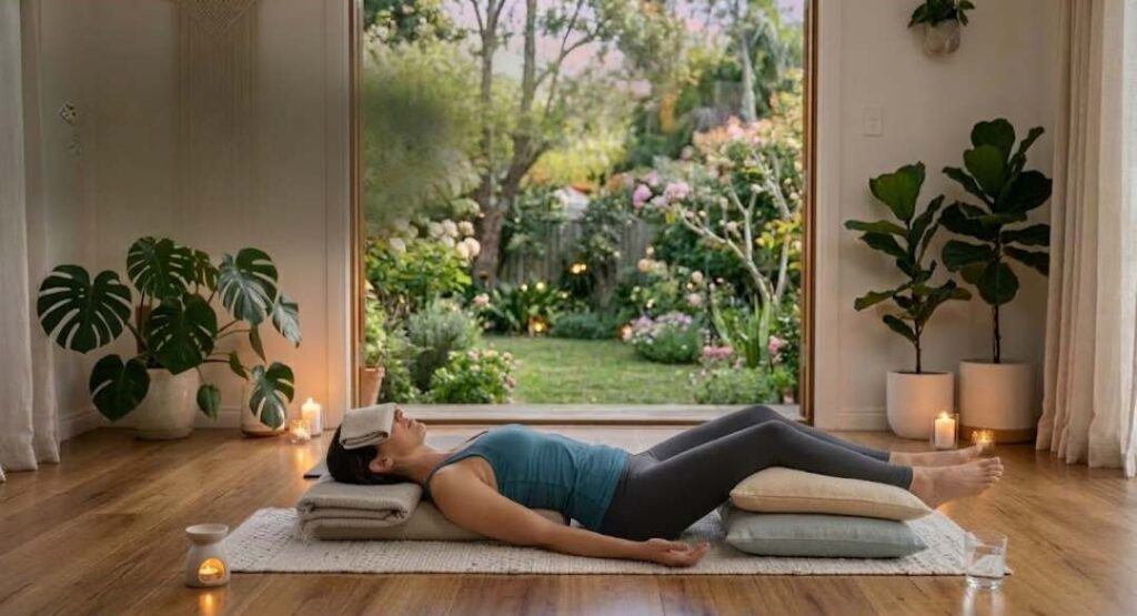 Woman practicing Savasana yoga pose on a mat with cushions and candles indoors, relaxing while facing a peaceful garden view through large open doors.