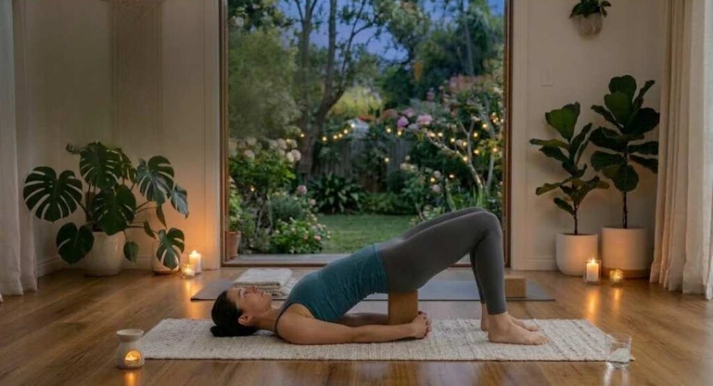 Woman practicing Setu Bandhasana (Bridge Pose) yoga on a mat indoors with candles and plants, lifting her hips while relaxing and facing a peaceful garden view.