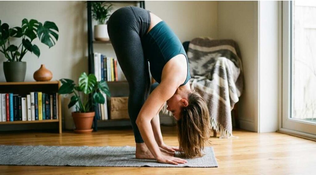 Woman performing Standing Forward Bend yoga pose on a mat indoors, stretching hamstrings and lower back