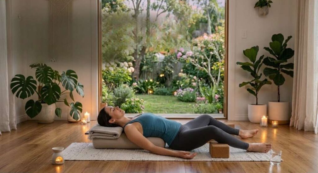 Woman practicing restorative yoga pose on a mat indoors with candles and plants, relaxing while facing a lush garden view through large open doors.
