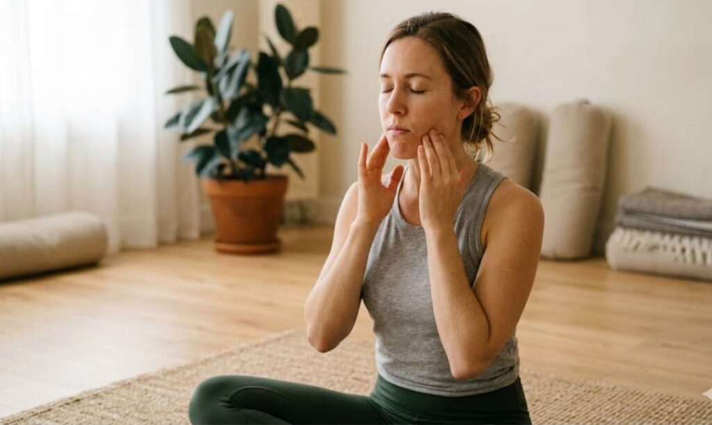 A woman sitting cross-legged on a yoga mat indoors with eyes closed, gently pressing her fingers on her cheeks while performing a face yoga exercise that mimics a chewing motion to relax and tone facial muscles. 