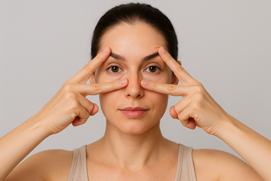 Woman performing a facial yoga exercise by gently pressing fingers around the eyes to reduce wrinkles and improve facial glow.