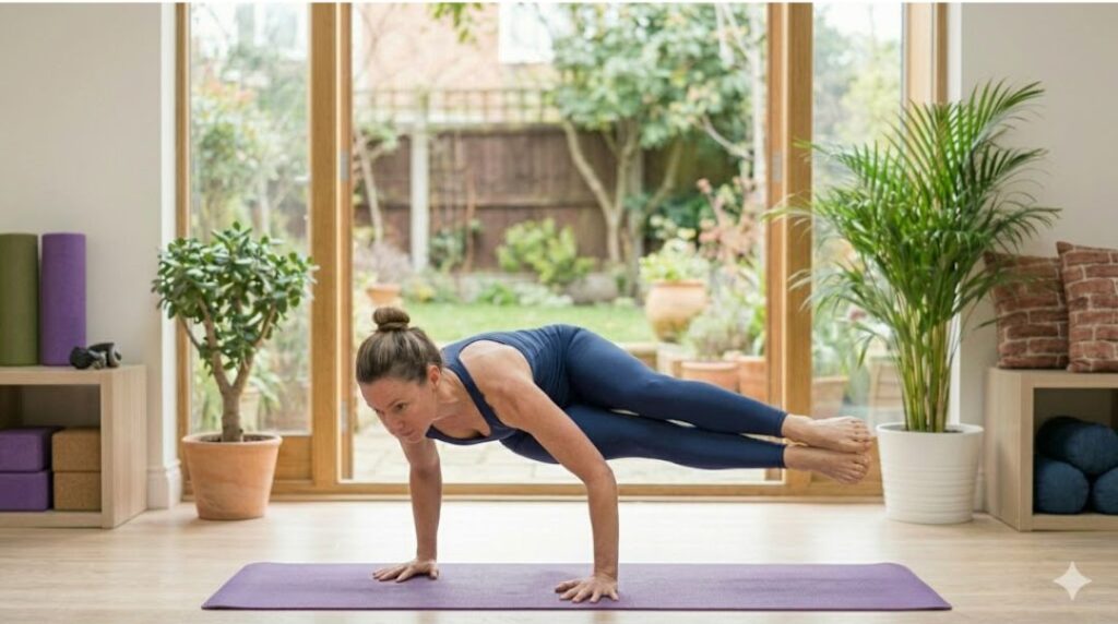 Woman performing Eight-Angle Pose (Astavakrasana) on yoga mat showing advanced arm balance, core strength and spinal twist