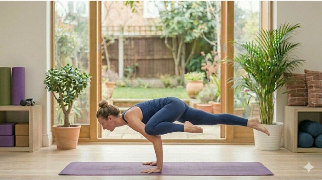 Woman performing Bird of Paradise (Svarga Dvijasana) yoga pose on a mat in a bright indoor studio with plants and large glass doors.