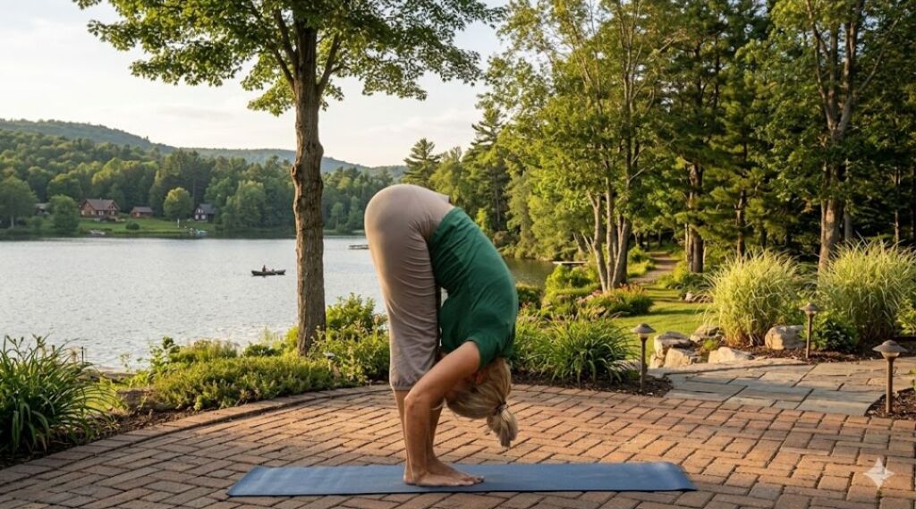 Person performing a forward fold yoga pose on a mat beside a peaceful lakeside with trees and greenery in the background.