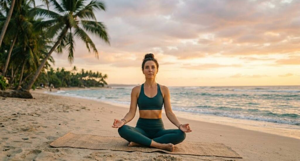 Woman sitting in a cross-legged meditation yoga pose on a beach at sunset with palm trees and ocean waves in the background.