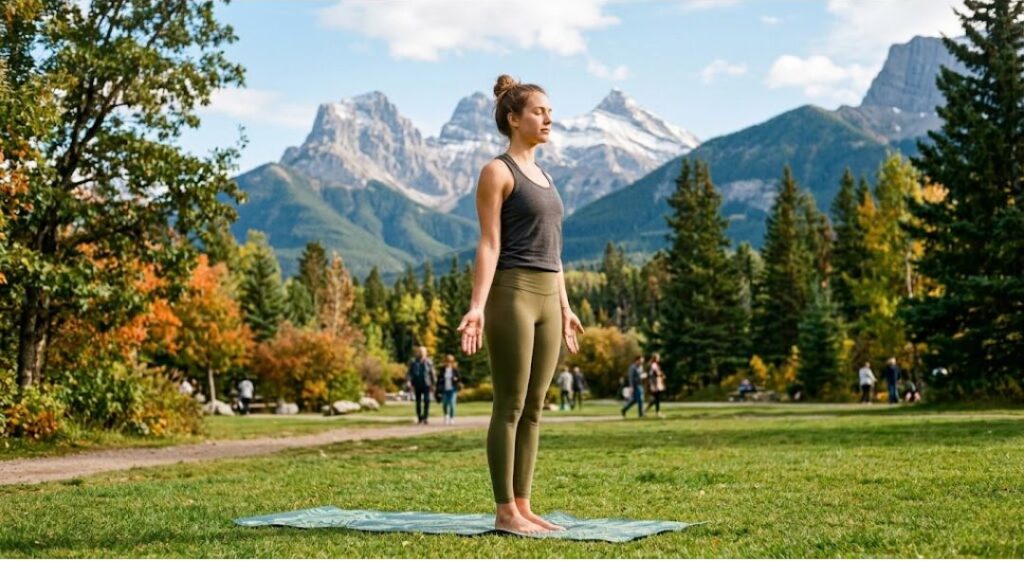 Woman practicing Mountain Yoga Pose (Tadasana) on a mat in a scenic park with trees and mountains in the background, standing tall with eyes closed and hands relaxed by her sides.