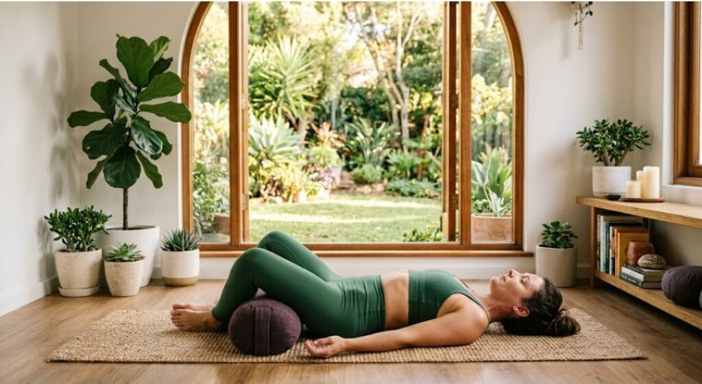 Woman practicing reclining bound angle yoga pose with cushion support in a calm indoor setting.