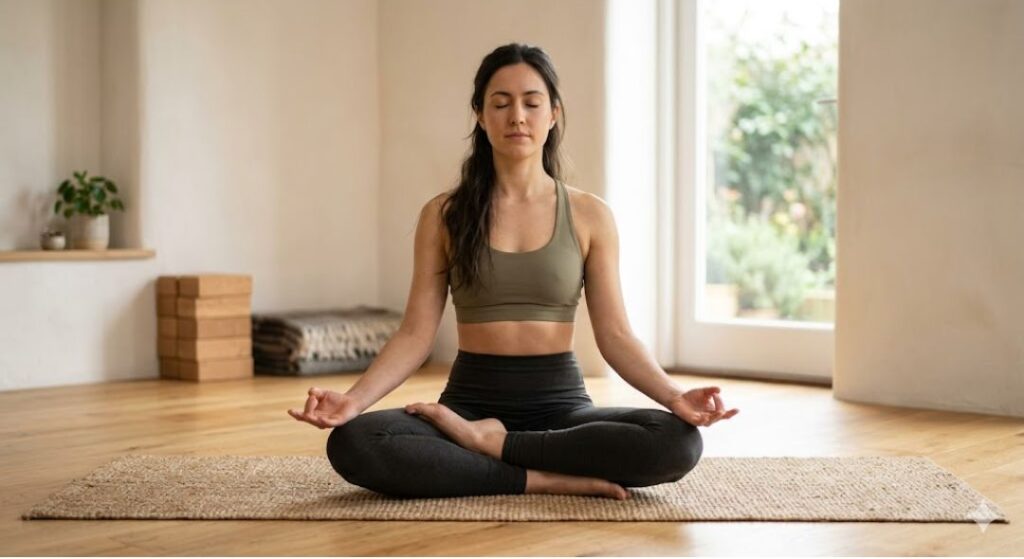 Woman practicing Padmasana (Lotus Pose) indoors, seated cross-legged on a yoga mat with eyes closed and hands in meditation mudra in a serene room.