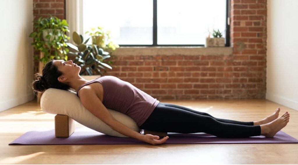 Woman performing supported fish pose (Matsyasana) on a yoga mat using a bolster in a bright indoor studio with brick wall and plants.