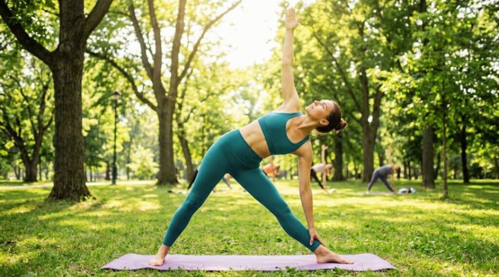 Woman practicing Triangle Yoga Pose (Trikonasana) on a mat in a green park with trees and sunlight, outdoor group yoga session in the background.