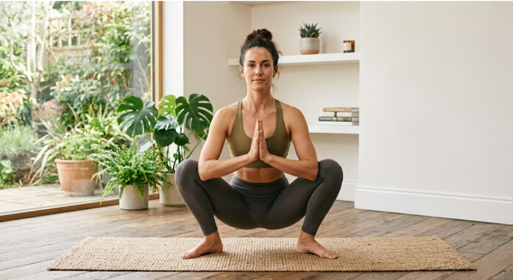 Woman practicing Garland Pose (Malasana) in a deep squat position indoors to support pelvic health and improve blood circulation